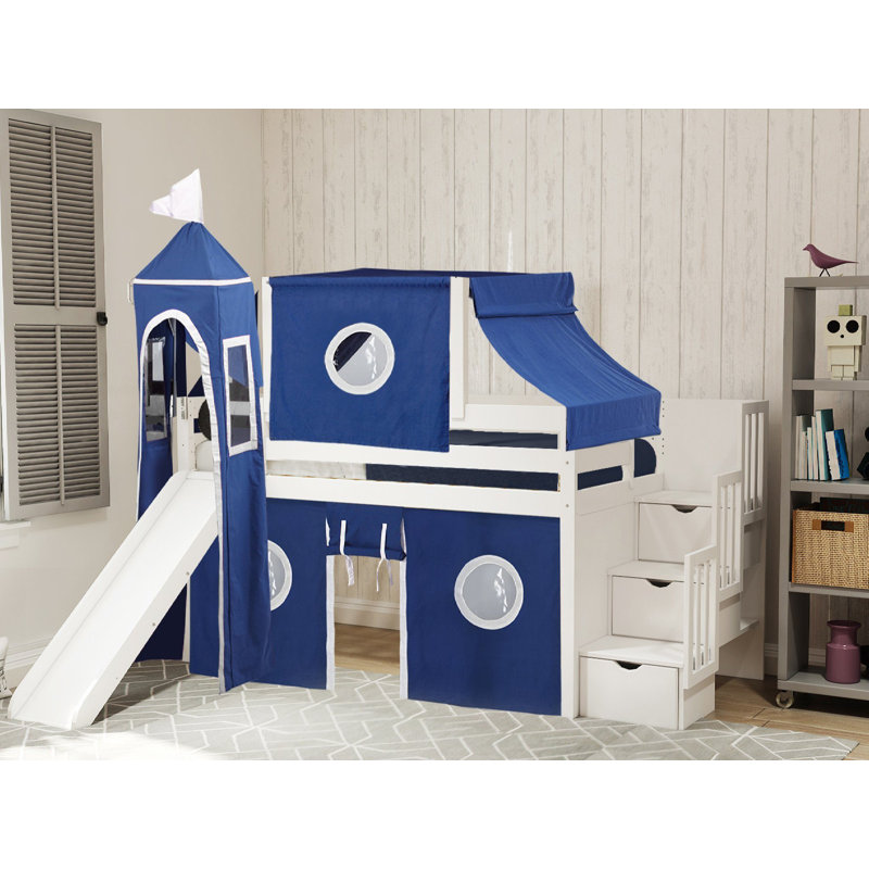 Zoomie Kids Johannes Castle Twin Low Loft Bed with 3 Drawers, Slide and